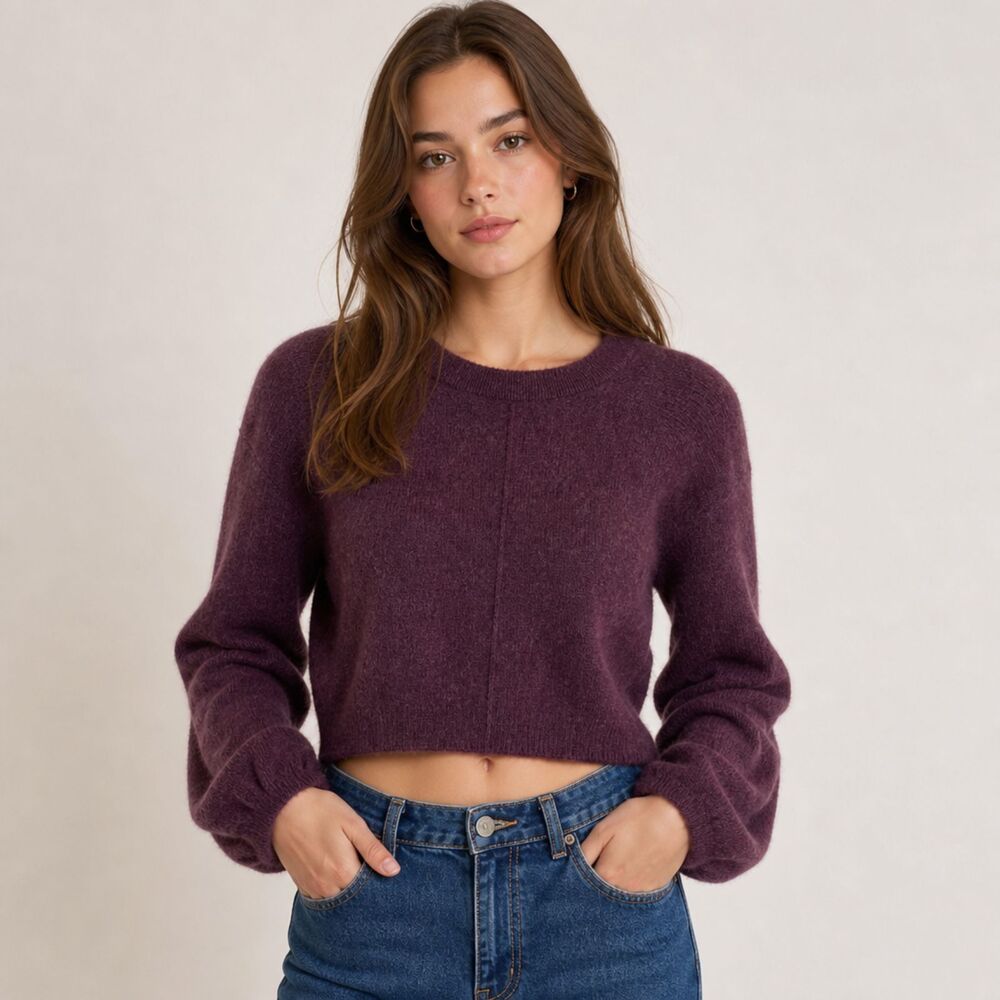 London Kaye Purple Cashmere Cropped Sweater Size S Tulip Sleeve